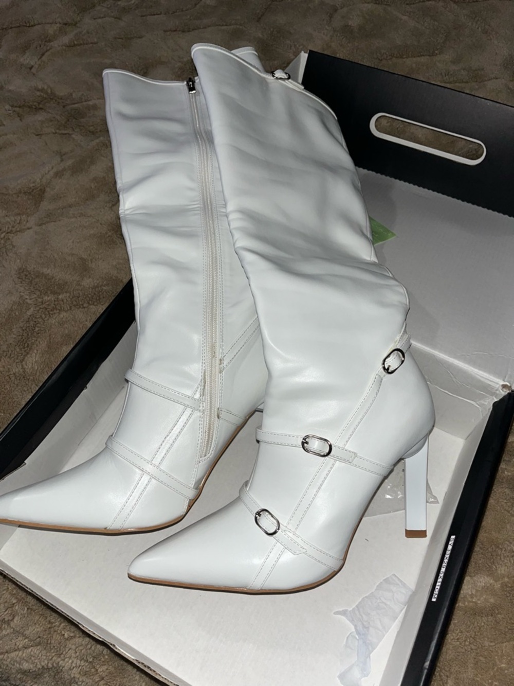 White Pointed-Toe Knee-High Heeled Boots